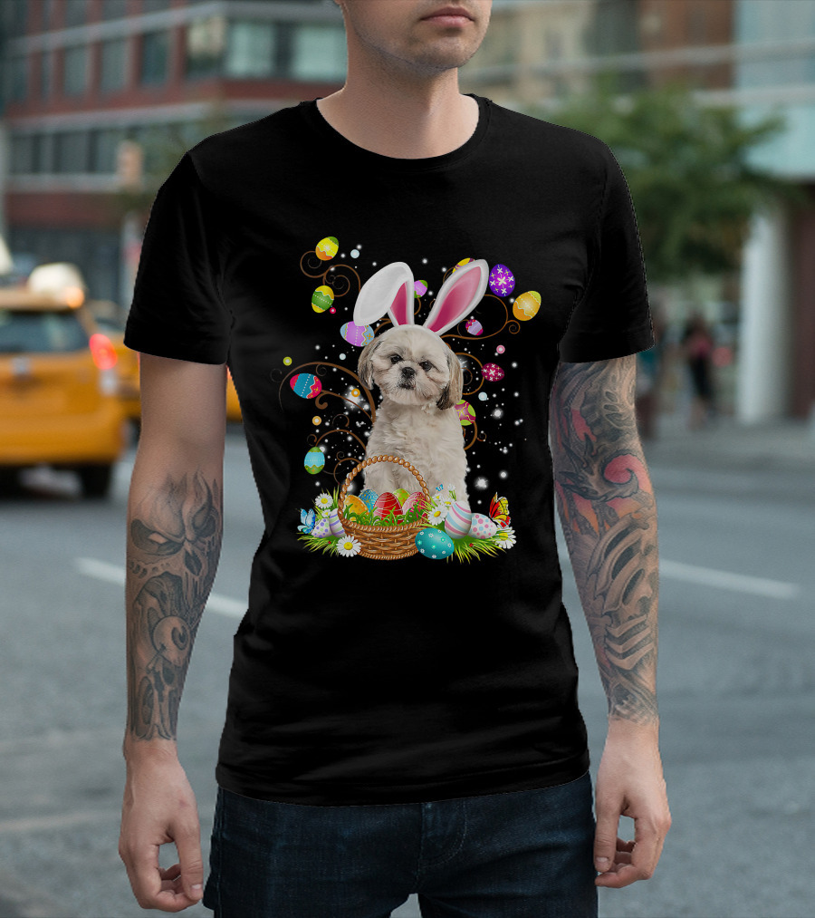 Shih Tzu Dog Bunny Ears with Colorful Easter Eggs Basket Fun Easter Day T-Shirt