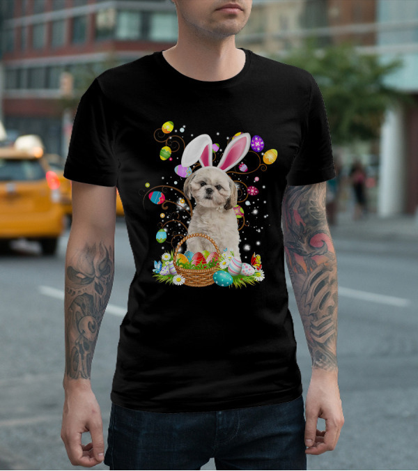 Shih Tzu Dog Bunny Ears With Colorful Easter Eggs Basket Fun Easter Day T-Shirt