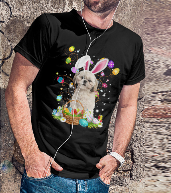 Shih Tzu Dog Bunny Ears With Colorful Easter Eggs Basket Fun Easter Day T-Shirt