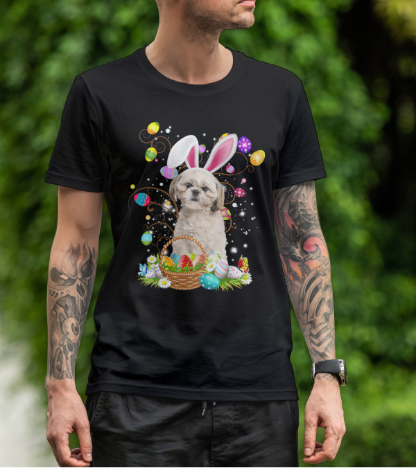 Shih Tzu Dog Bunny Ears With Colorful Easter Eggs Basket Fun Easter Day T-Shirt