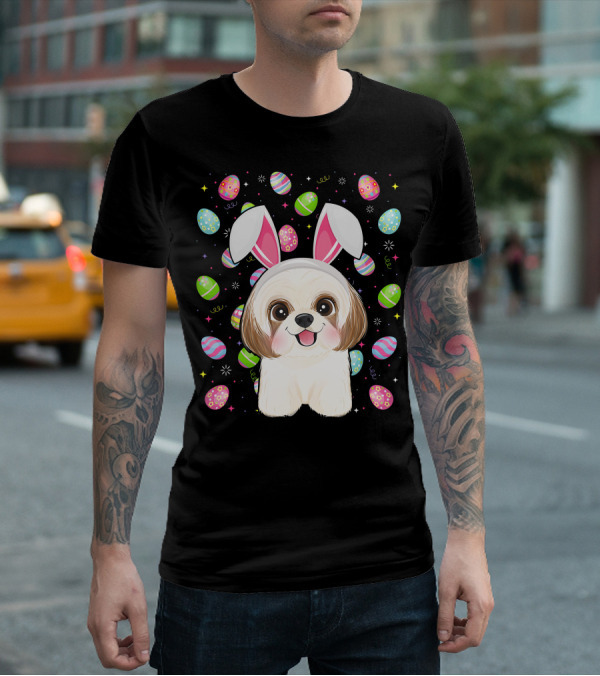 Shih Tzu Dog With Easter Eggs And Bunny Ears Funny Easter Lover Image T-Shirt