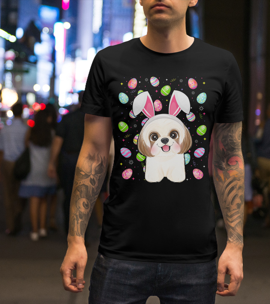 Shih Tzu Dog With Easter Eggs And Bunny Ears Funny Easter Lover Image T-Shirt