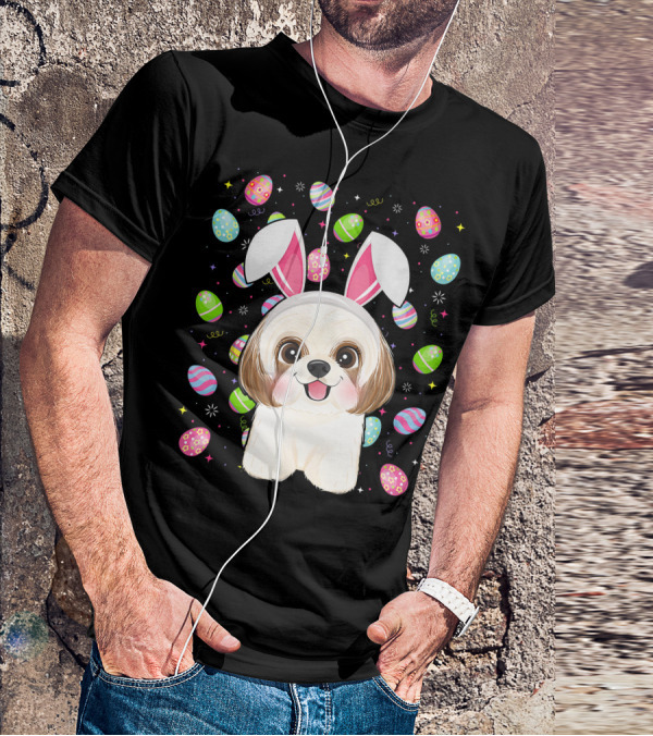 Shih Tzu Dog With Easter Eggs And Bunny Ears Funny Easter Lover Image T-Shirt