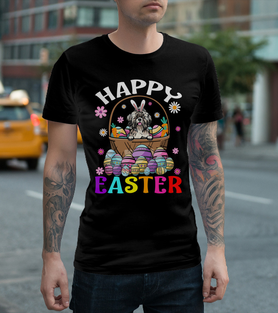 Shih Tzu Easter Bunny Dog with Colorful Eggs and Basket T-Shirt