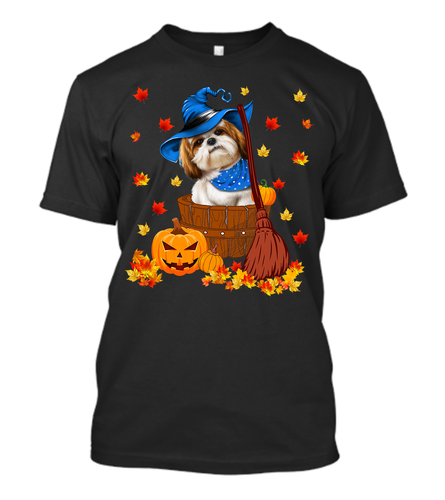 Shih Tzu Dog In Witch Hat Surrounded By Pumpkins And Leaves For Halloween T-Shirt