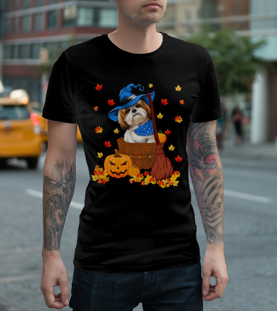 Shih Tzu Dog in Witch Hat Surrounded by Pumpkins and Leaves for Halloween T-Shirt