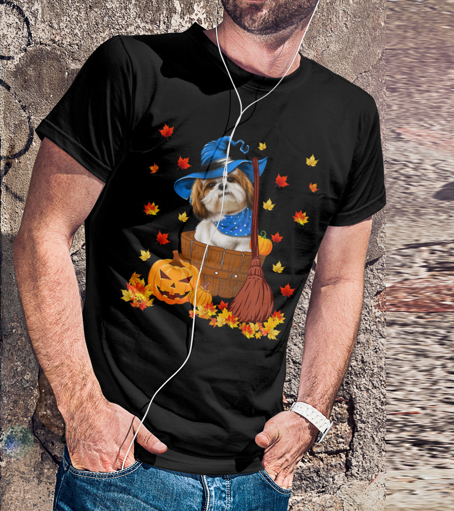 Shih Tzu Dog In Witch Hat Surrounded By Pumpkins And Leaves For Halloween T-Shirt