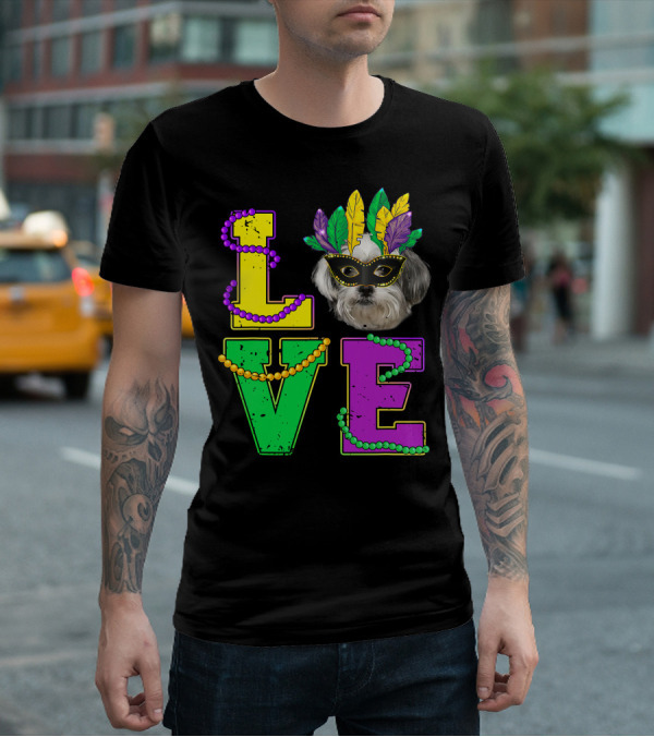 Shih Tzu Puppy Love Mardi Gras Beads Mask T-Shirt