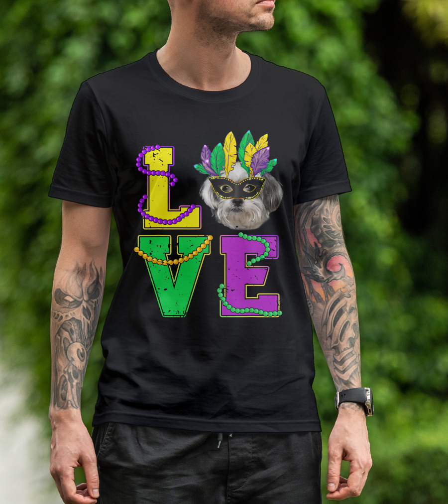 Shih Tzu Puppy Love Mardi Gras Beads Mask T-Shirt