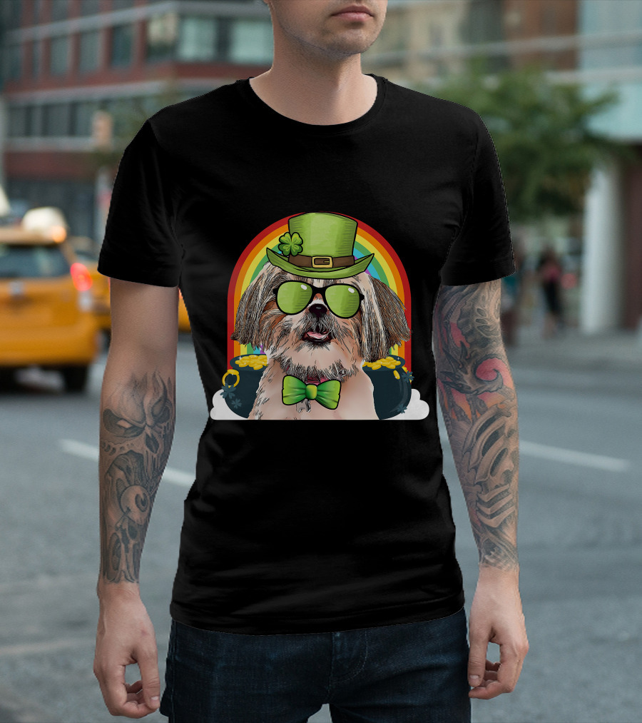 Shih Tzu Dog Leprechaun Rainbow Coins Bow Tie Sunglasses T-Shirt