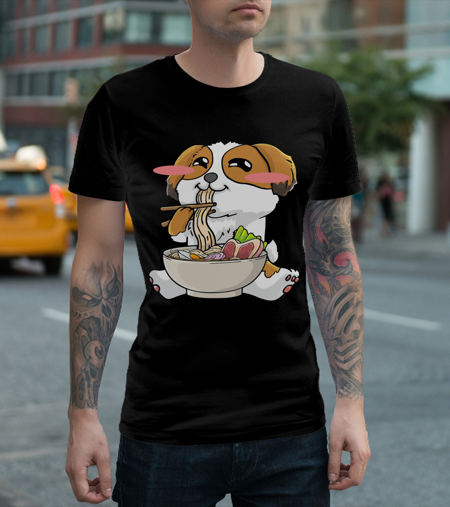 Shih Tzu Dog Enjoying Ramen Noodles With Kawaii Cute Blush Cheeks T-Shirt