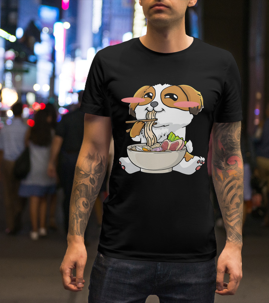Shih Tzu Dog Enjoying Ramen Noodles With Kawaii Cute Blush Cheeks T-Shirt