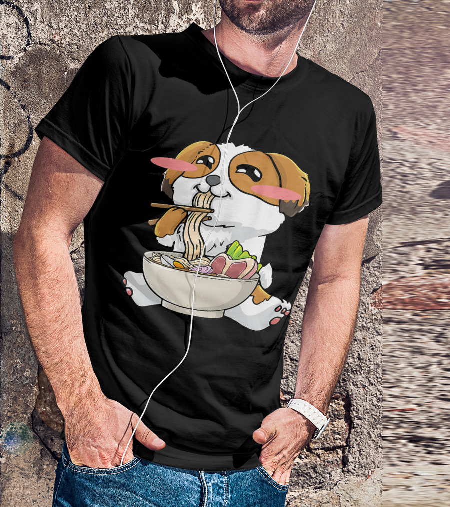 Shih Tzu Dog Enjoying Ramen Noodles With Kawaii Cute Blush Cheeks T-Shirt