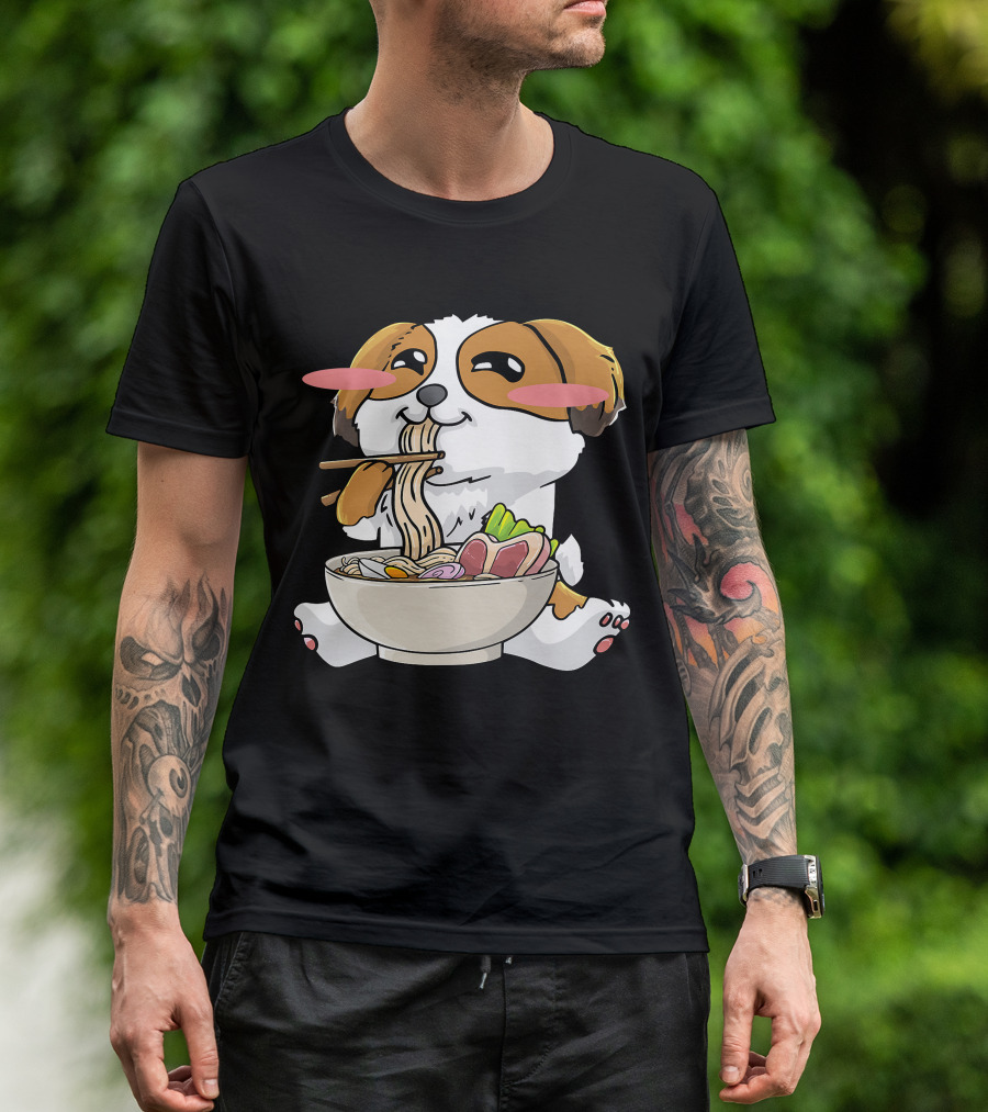Shih Tzu Dog Enjoying Ramen Noodles With Kawaii Cute Blush Cheeks T-Shirt