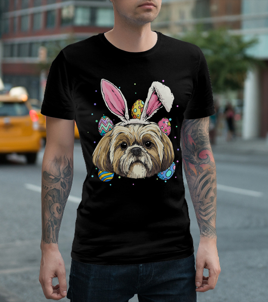 Shih Tzu Easter Bunny Dog Pet Owner Breeder Animal With Colorful Eggs T-Shirt