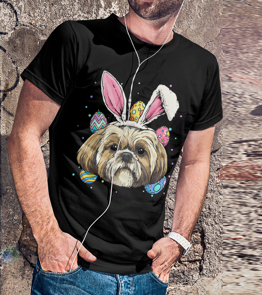 Shih Tzu Easter Bunny Dog Pet Owner Breeder Animal With Colorful Eggs T-Shirt