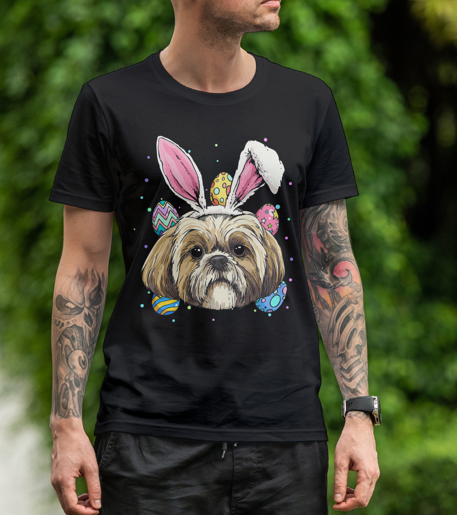 Shih Tzu Easter Bunny Dog Pet Owner Breeder Animal With Colorful Eggs T-Shirt