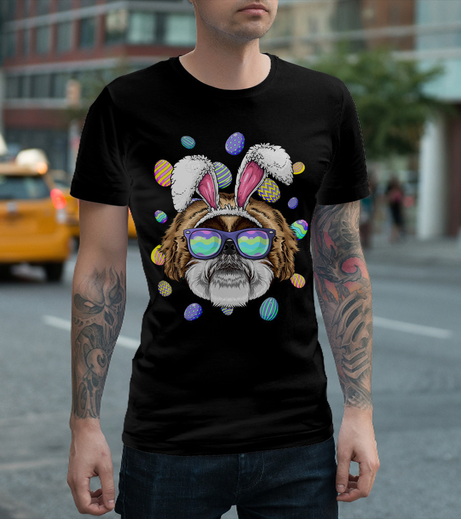 Shih Tzu with Bunny Ears and Sunglasses Surrounded by Colorful Easter Eggs T-Shirt