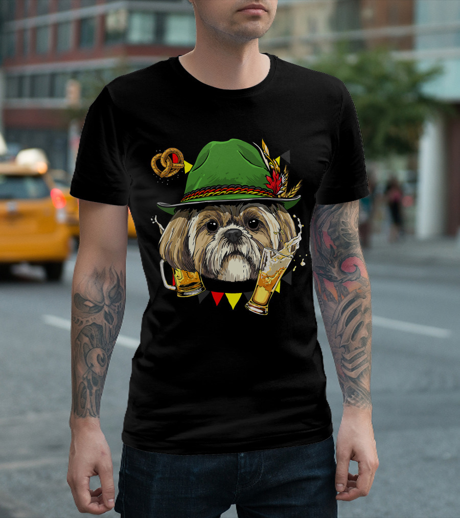 Shih Tzu Oktoberfest Dog with Lederhosen Hat and Beer German Pretzel T-Shirt