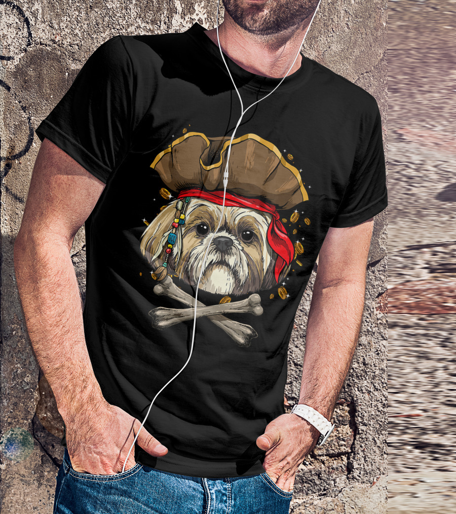 Shih Tzu Pirate Dog Jolly Roger Halloween With Skull And Crossbones T-Shirt