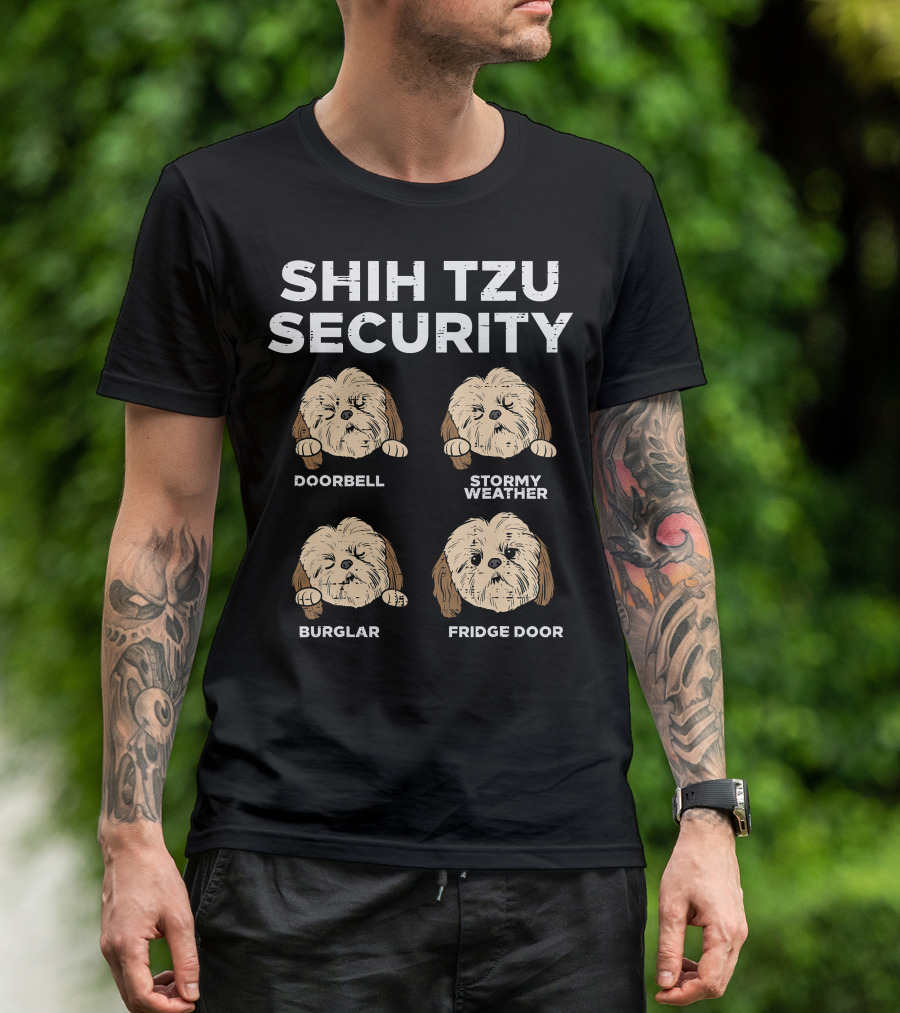 Shih Tzu Security Doorbell Stormy Weather Burglar Fridge Door Funny Dog Lover Owner T-Shirt