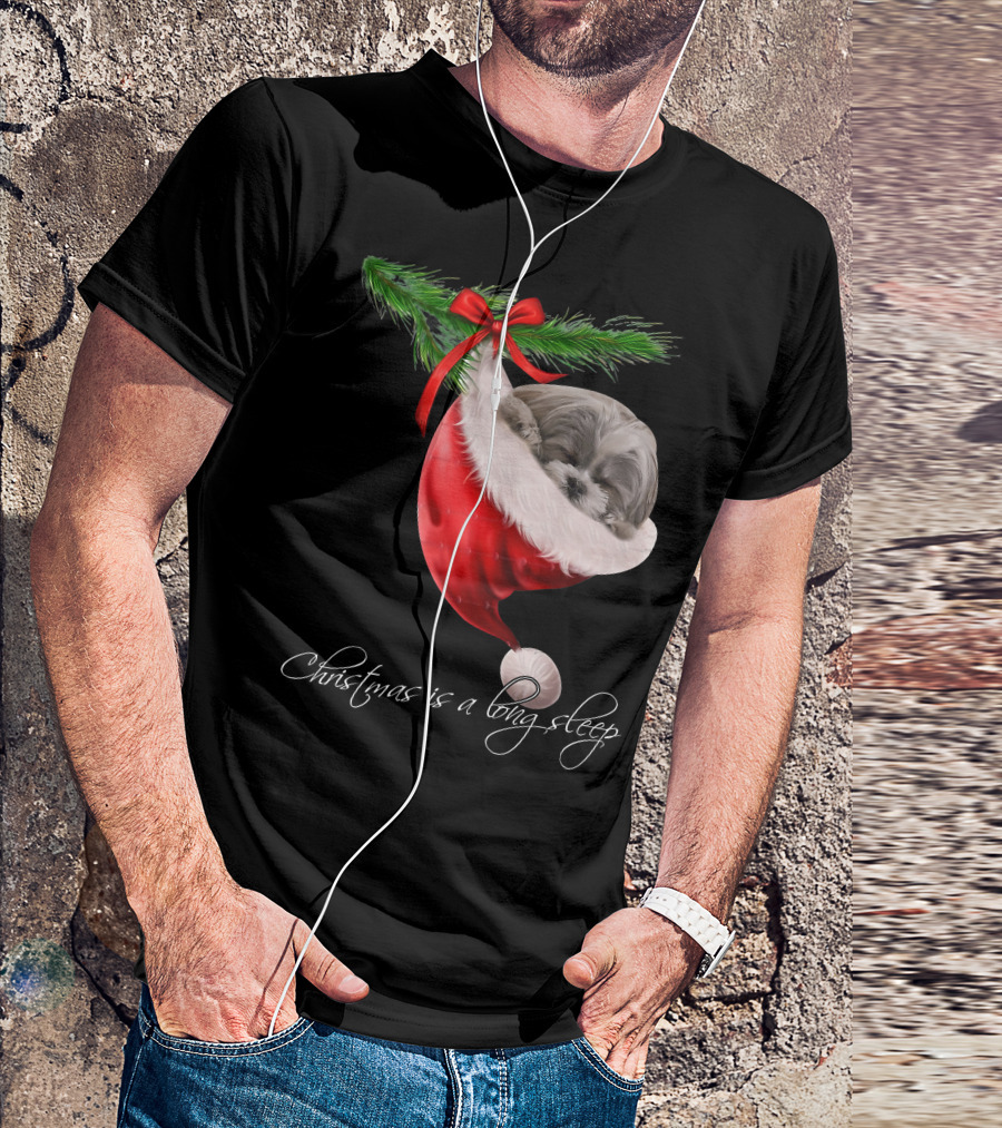 Shih Tzu Sleeping In Santa's Hat Christmas Is A Snuggly Dream T-Shirt