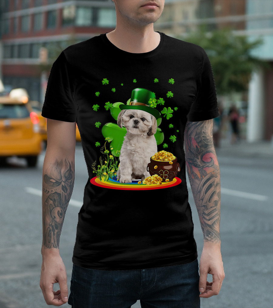 Shih Tzu Irish Shamrock St Patricks Day Lover With Pot Of Gold T-Shirt