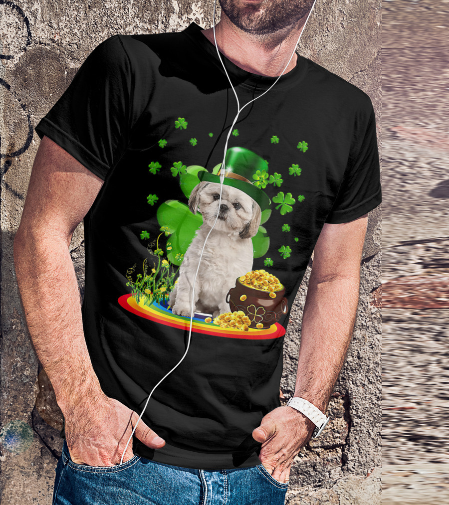 Shih Tzu Irish Shamrock St Patricks Day Lover With Pot Of Gold T-Shirt