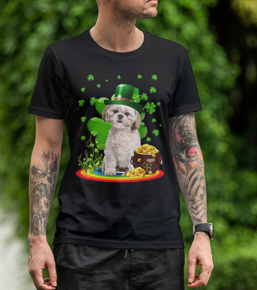 Shih Tzu Irish Shamrock St Patricks Day Lover With Pot Of Gold T-Shirt