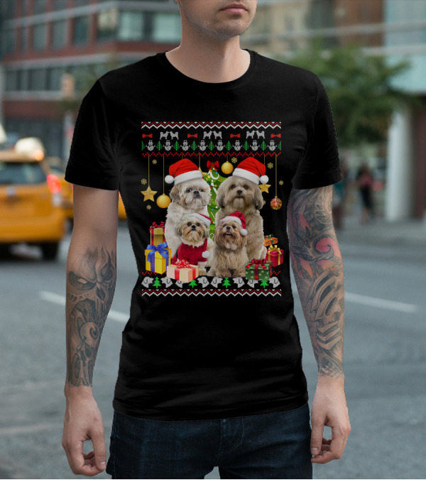 Shih Tzu Santa Hat Christmas Sweater Puppies And Presents T-Shirt