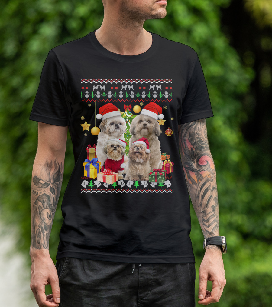 Shih Tzu Santa Hat Christmas Sweater Puppies And Presents T-Shirt