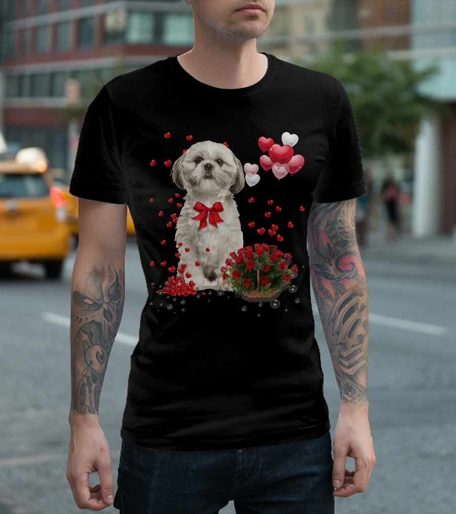 Shih Tzu Valentines Day Funny Dog Lover Happy Vale Roses Hearts Balloons T-Shirt