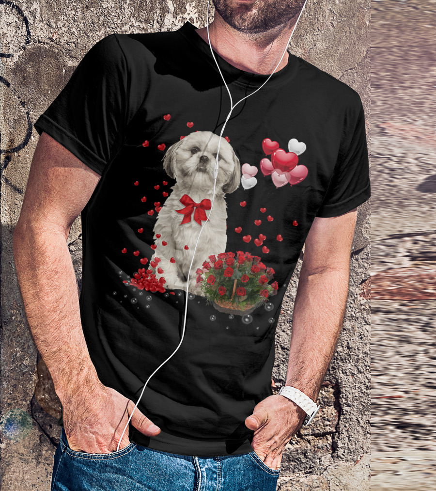 Shih Tzu Valentines Day Funny Dog Lover Happy Vale Roses Hearts Balloons T-Shirt