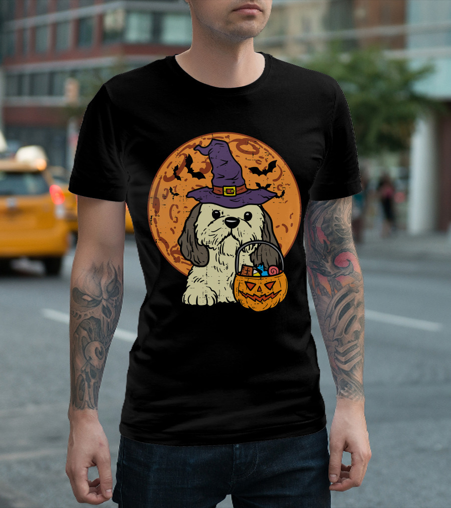 Shih Tzu Witch Hat Moon Jack O Lantern Halloween Dog T-Shirt