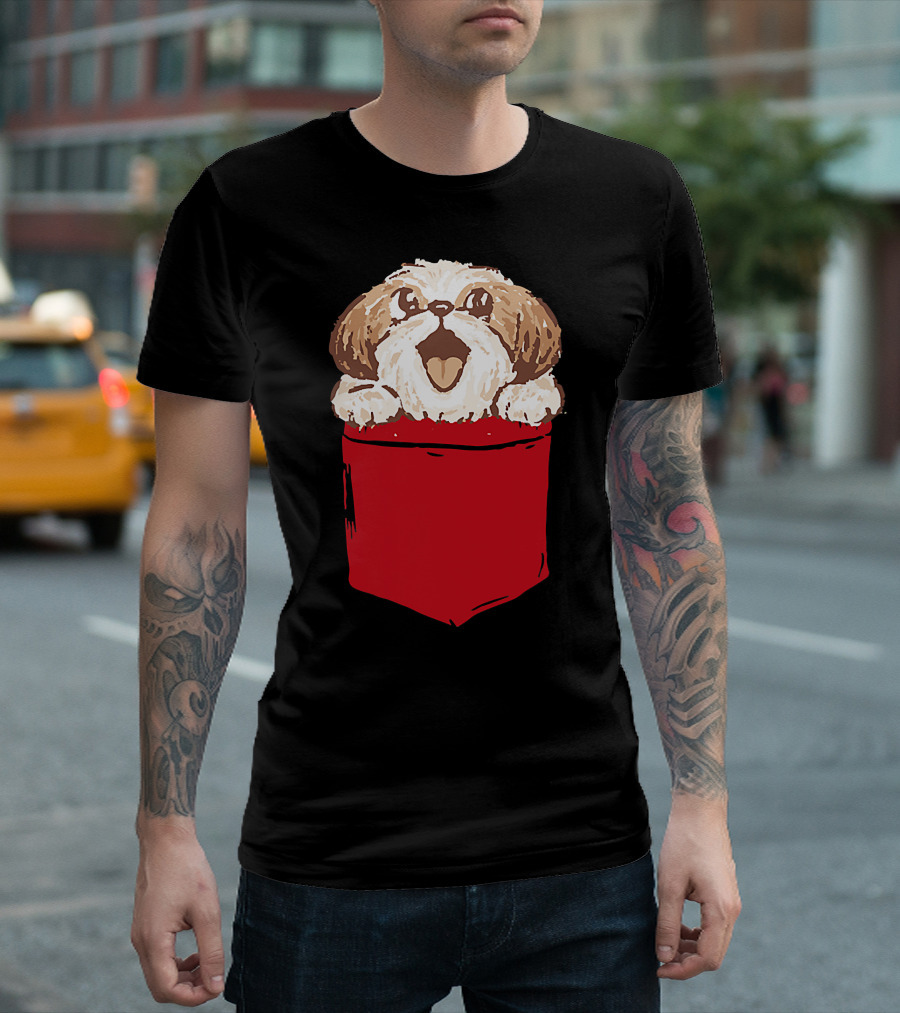 Shih-Tzu Puppy Dog Peeking Out of Red Pocket T-Shirt