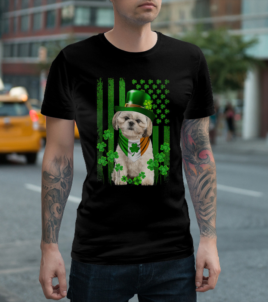 St Patrick's Day Shamrock Hat Shih Tzu with Irish Flag Scarf T-Shirt