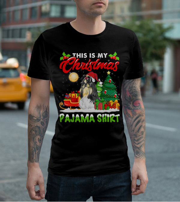 Christmas Pajama Shih Tzu Dog With Santa Hat And Presents T-Shirt