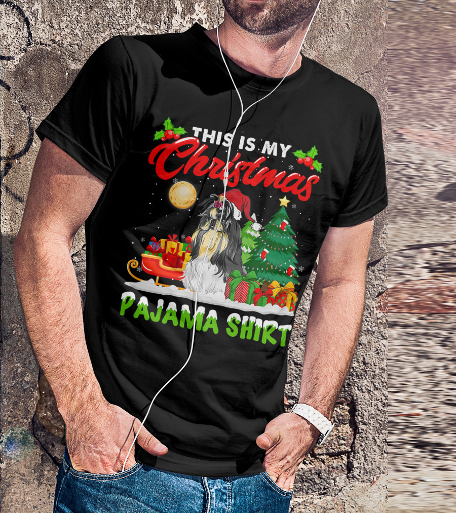 Christmas Pajama Shih Tzu Dog With Santa Hat And Presents T-Shirt
