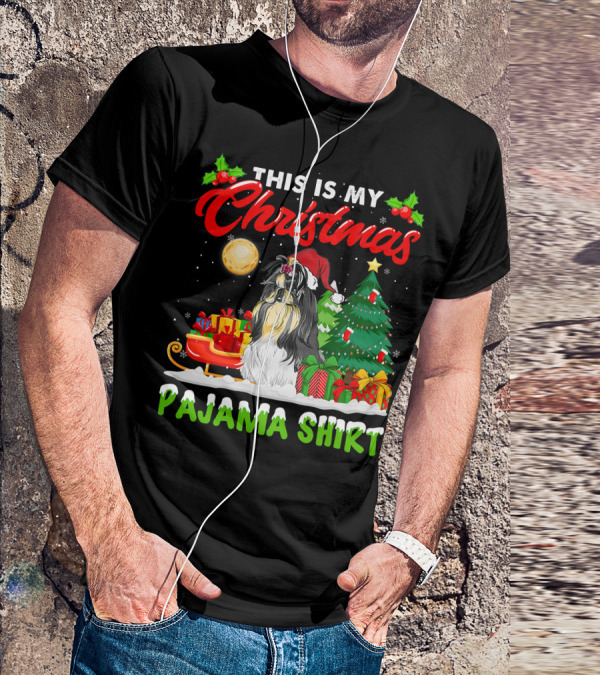 Christmas Pajama Shih Tzu Dog With Santa Hat And Presents T-Shirt