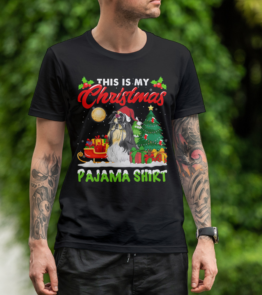 Christmas Pajama Shih Tzu Dog With Santa Hat And Presents T-Shirt