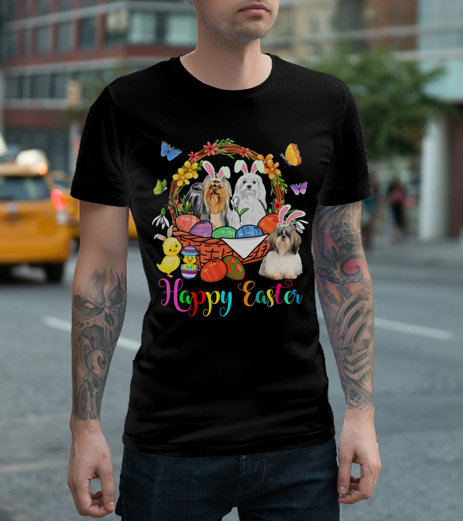 Happy Easter Three Bunny Shih Tzu Dogs in Easter Eggs Basket with Butterflies and Flowers T-Shirt