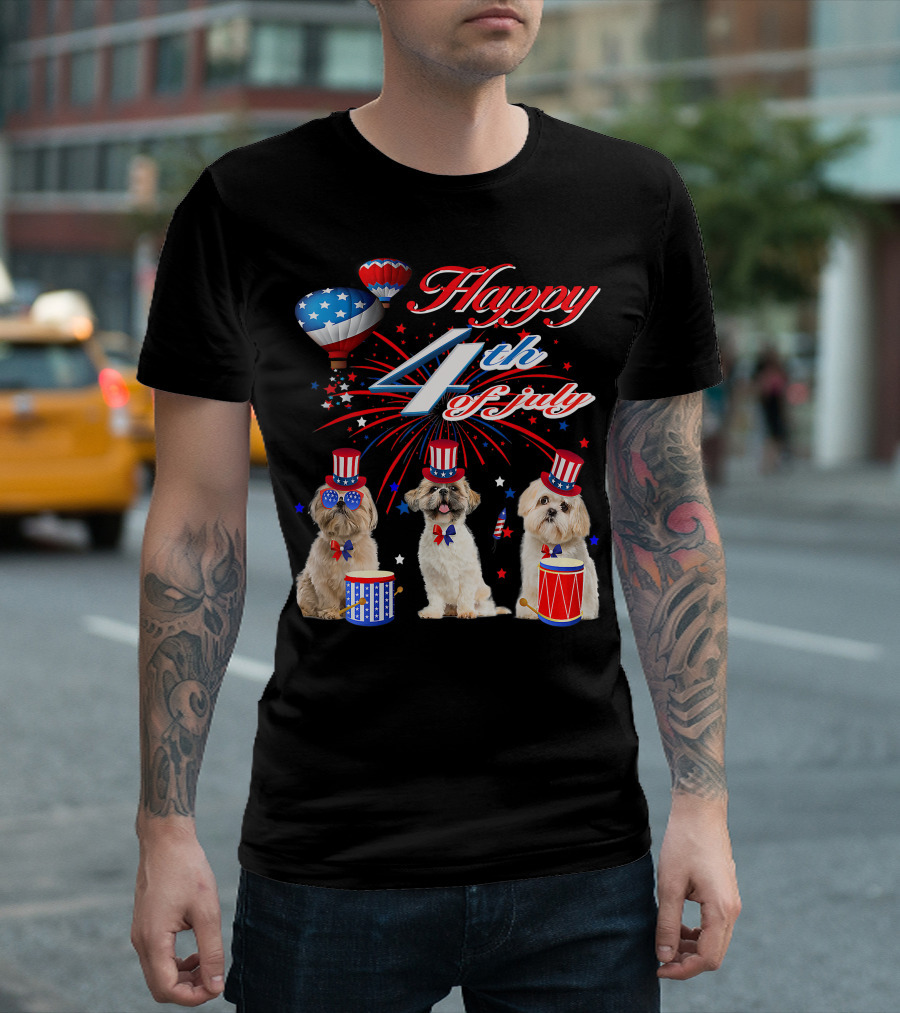 Happy 4th Of July Three Shih Tzu With American Flag Drums And Hats T-Shirt