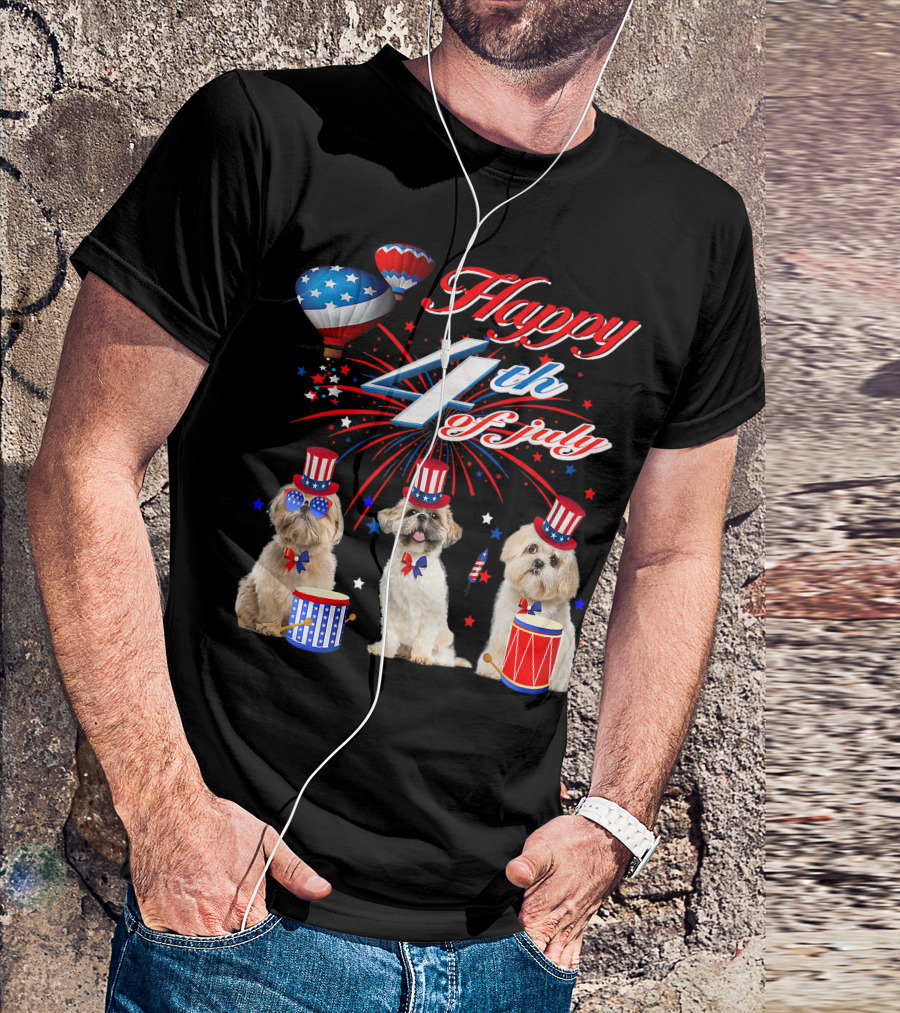 Happy 4th Of July Three Shih Tzu With American Flag Drums And Hats T-Shirt