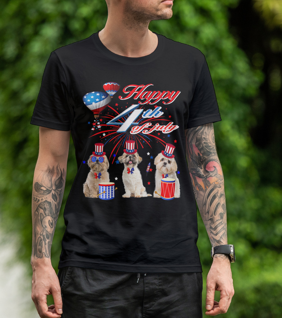 Happy 4th Of July Three Shih Tzu With American Flag Drums And Hats T-Shirt