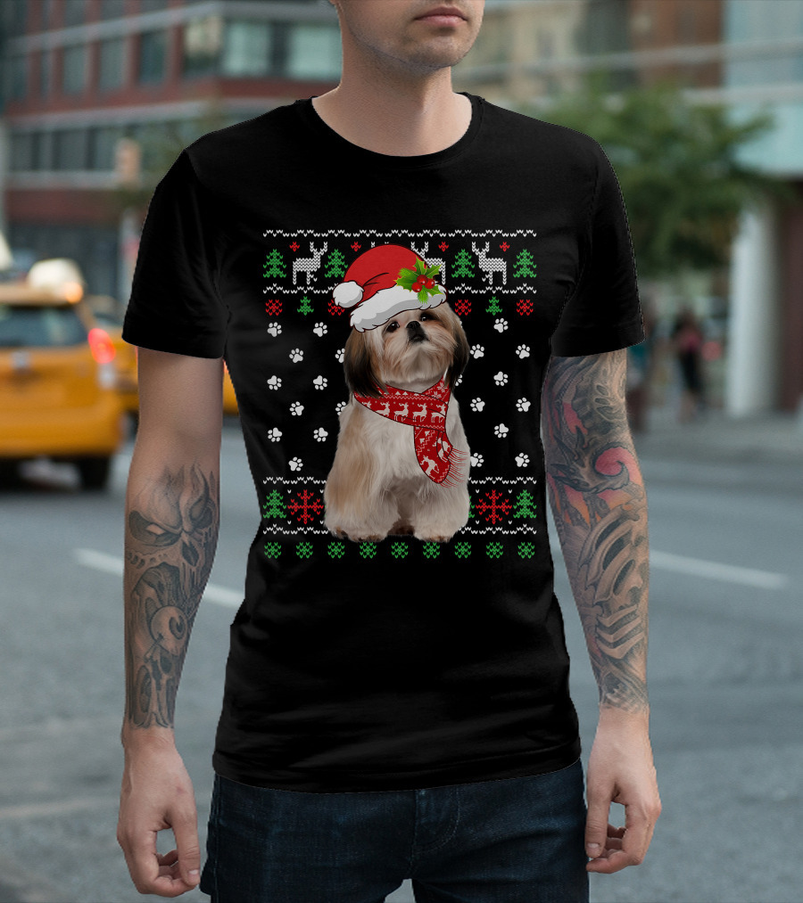 Christmas Shih Tzu Dog Puppy Ugly Sweater Santa Hat Reindeer Scarf T-Shirt