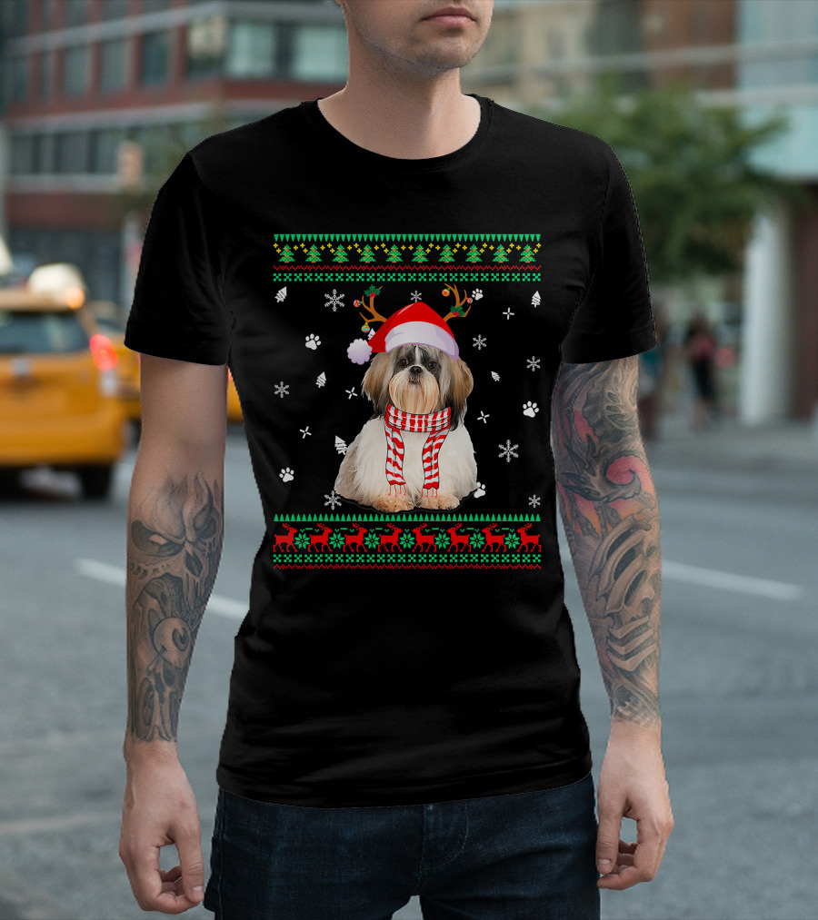 Ugly Sweater Christmas Shih Tzu Dog Santa Reindeer Hat Scarf Festive T-Shirt