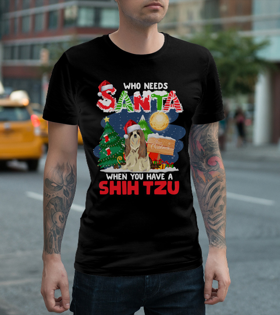 Santa Shih Tzu Merry Christmas Tree Moon Holiday T-Shirt