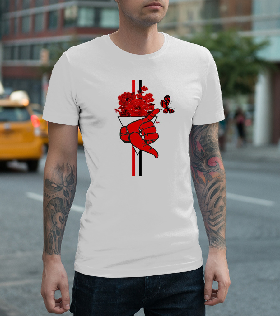 Shaka Exquisite Hand Gesture with Red Butterfly and Flowers T-Shirt