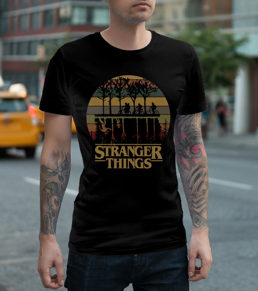 Stranger Things Biking Adventure with Upside Down Forest Scene T-Shirt