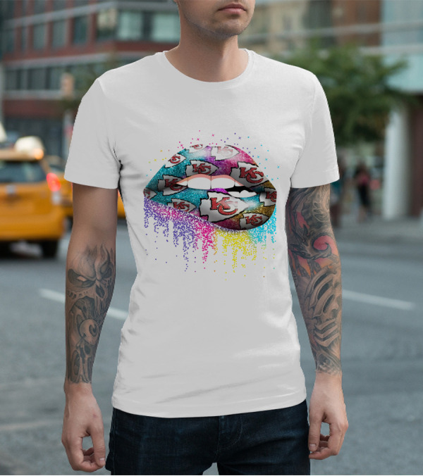 Kansas City Chiefs Glittery Lip Burst With Kc Logos And Sparkling Colors T-Shirt